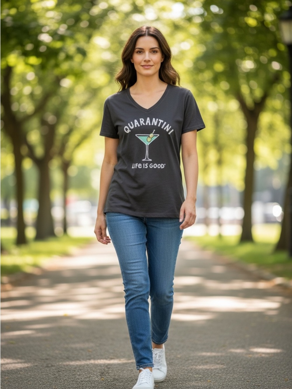 Life Is Good Crusher Tee Womens M Black Quarantini Martini Graphic
